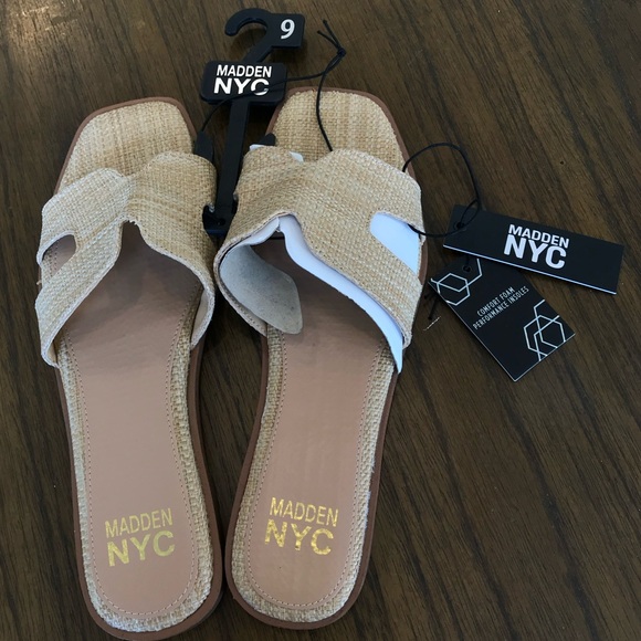 🔴 4/$15 Madden NYC Women's Tan Beige Raffia Open Toe Slides Sandals size 9 NWT - Picture 7 of 14